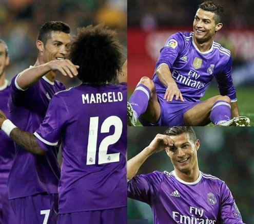 Iconic Real Madrid player (e.g., Ronaldo) celebrating in a purple jersey