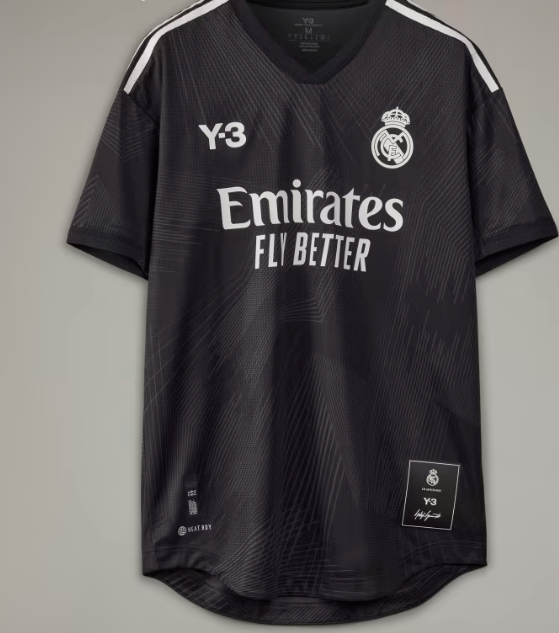 Close-up of Real Madrid and Y-3 logos on the Y3 jersey