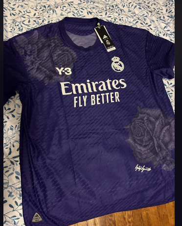 Real Madrid Y3 jersey front view in monochrome style